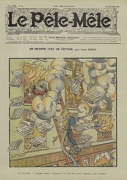 Un incendie chex un editeur. Illustration for Le Pele-Mele, 1906 (colour litho)