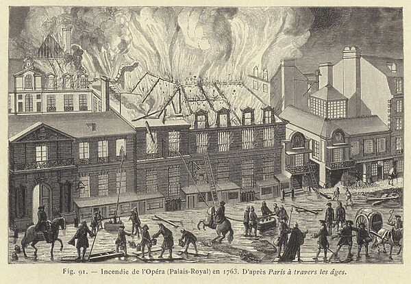 Incendie de l Opera, Palais-Royal, en 1763 (engraving)