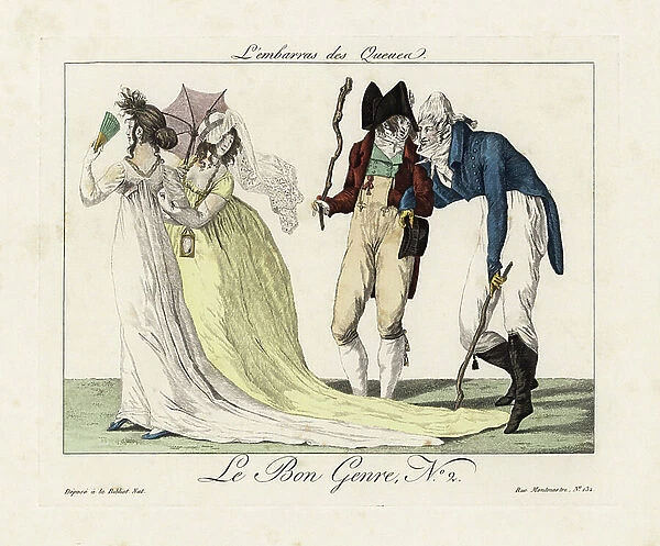 Two incredible (fops) with cudgels hinder the promenade of two wonders by pinning the tails of their dresses. One looks back coquettishly at the ridiculous dandy. Handcoloured engraving from Pierre de la Mesanger's Le Bon Genre, Paris, 1817