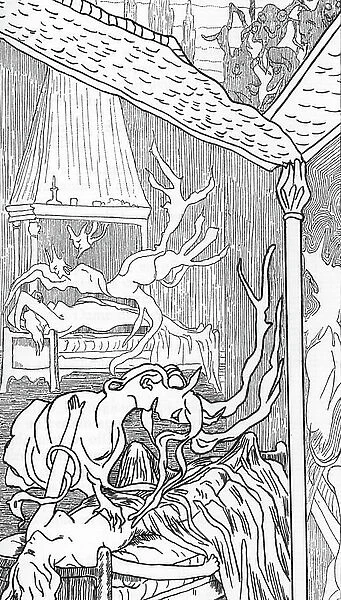 Incubes (angels dechus by lust, become demons and seek to enjoy women when they dream or sleepy) and succubes (feminine demons enjoying men during their sleep) (incubus and succubus) Drawing by Henry de Malvost from 'Satanism and Magic"