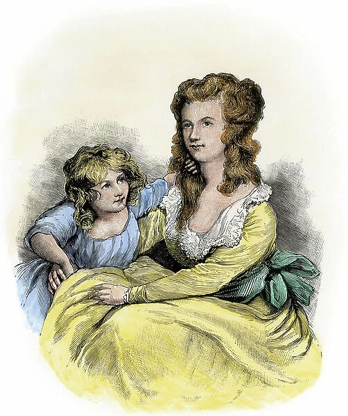 Independence of the United States of America (1775-1783): Peggy Shippen or Margaret Shippen (1760-1804), wife of Benedict Arnold, general of the Continental Armee and his daughter. Colourful engraving of the 19th century