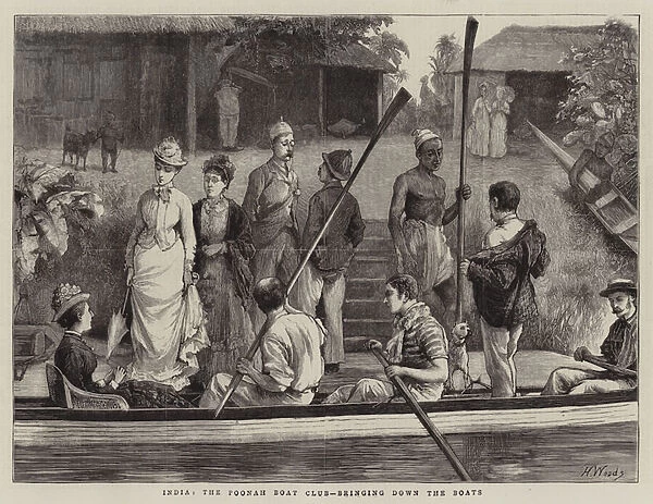 India, the Poonah Boat Club, bringing down the Boats (engraving)