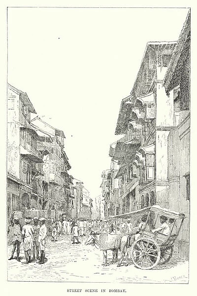 India: Street Scene in Bombay (engraving)