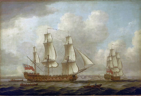 The Indiaman ship Princess Royal, off the British coast, with a fortified port. Oil on canvas, 1770, by John Cleveley (ca. 1712-1777)