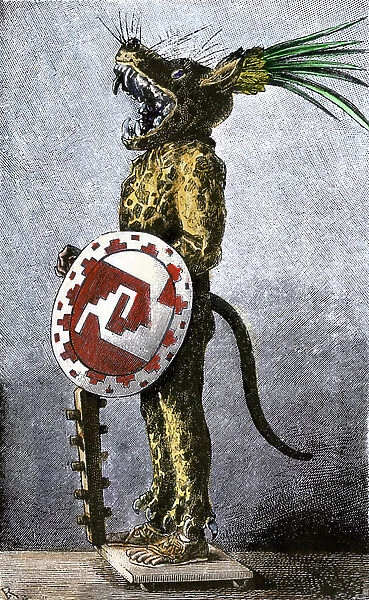 Indian of America: Aztec tiger knight in a cotton suit and a helmet made of wood after a model preserved in Spain. Colour engraving of the 19th century
