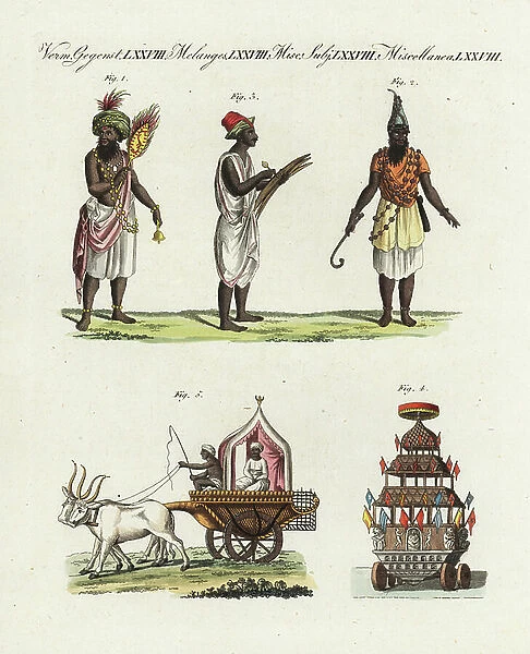 Indian costumes and vehicles, circa 1800. Hindu pandit or scholar 1, a Muslim fakir 2, a writer with palm paper 3, idol chariot decorated with Hindu gods 4, and hackery or ox-driven carriage