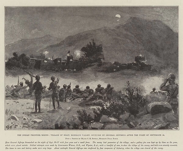 The Indian Frontier Rising, Village of Bilot, Mohmand Valley, occupied by General Jeffreys after the Fight of 16 September (litho)