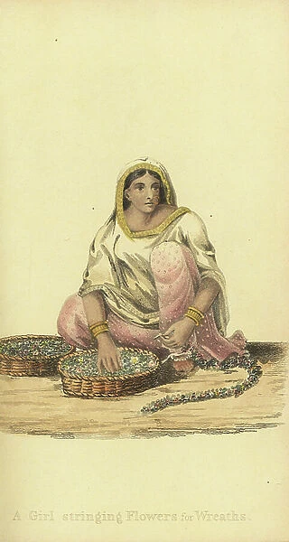 Indian girl stringing flowers for wreaths. Handcoloured copperplate engraving by an unknown artist from ' Asiatic Costumes, ' Ackermann, London, 1828
