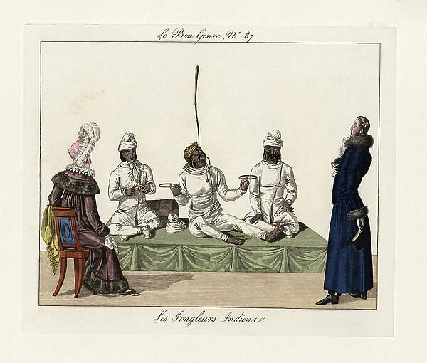 Indian jugglers, 1816. The man in the centre balances a whip between his eyes, spins rings on his toes and fingers, and threads pearls on a rope with his tongue. An assistant accompanies him on tiny cymbals