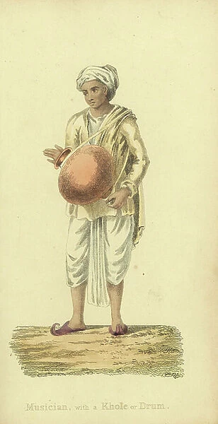 Indian musician with an earthenware khol drum, wearing a coarse cotton kupra loincloth, jacket and turban. Handcoloured copperplate engraving by an unknown artist from ' Asiatic Costumes, ' Ackermann, London, 1828