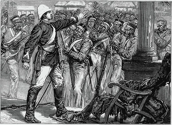 Indian Mutiny (Sepoy Mutiny) 1857-1859: Lt. De Kantzow at Mynpooree holding the mutineering 9th Sepoys at bay for three hours until rescued by an influential Indian. Wood engraving published London, c1880