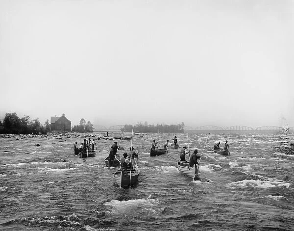 Indians fishing in the rapids, Sault Ste. Marie, Michigan, c. 1900 (b  /  w photo)