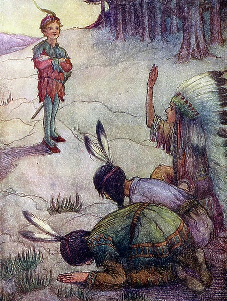 Indians saluting Peter Pan, as Great White Father (colour litho)