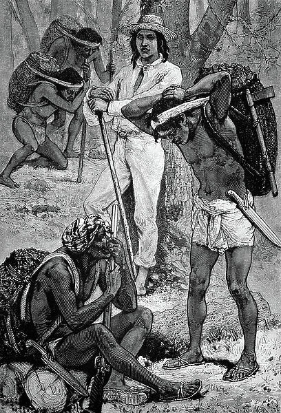 Indiarubber gatherers, New Granada, South America, historical engraving of 1883
