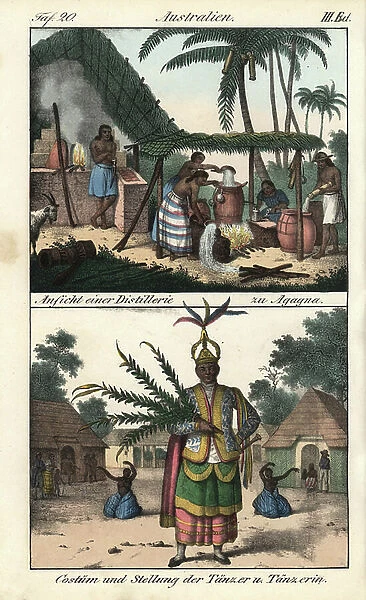 Indigenes Chamarro d'Agagna (Guam Island), distilling alcohol and costumes of ritual dancers (Mariana Islands, USA). Illustration from Voyage Around the World (1824) by Louis de Freycinet (1779-1842)