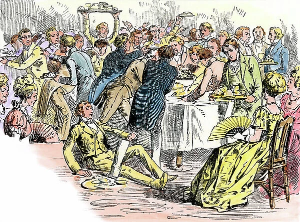 Indisciplinary invitations pound on food during the inaugural ball of US President James Knox Polk (1795-1849) at Washington National Theatre, 1845 - Colorised engraving 19th century - President James K