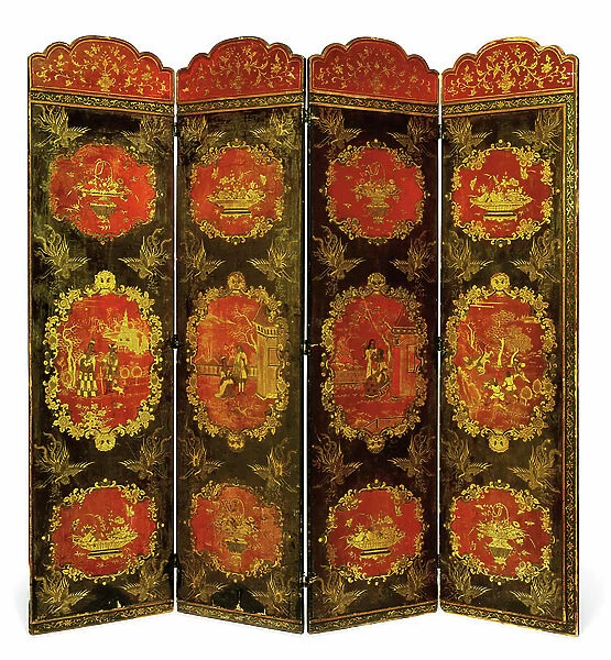 Indo-Portuguese black, guild and red-japanned four-fold screen, c. 1700