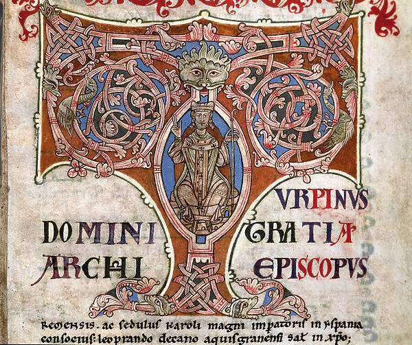 Initial T with a depiction of Charlemagne, illustration from the