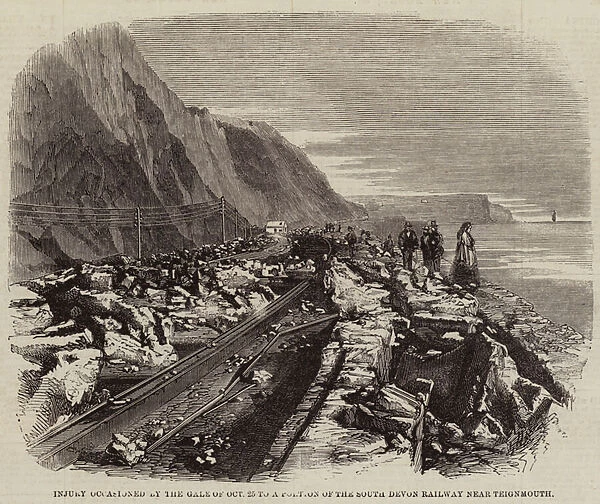 Injury occasioned by the Gale of 25 October to a Portion of the South Devon Railway near Teignmouth (engraving)