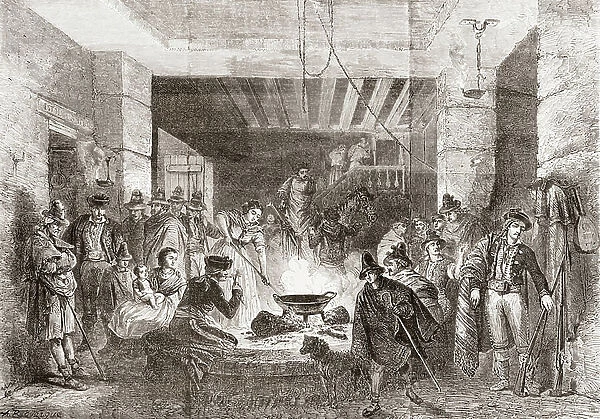 An inn or hostal in Sierra Nevada, Granada, Andalusia, Spain in the 19th century, from Album-Evenement, Prime du Journal L'Evenement, pub. 1865