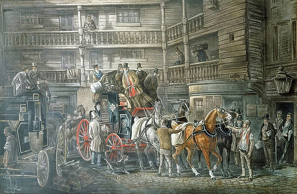 Inn yard with Mail Coach preparing to leave. This shows a typical galleried inn yard with individual rooms leading off the galleries. Aquatint c1840