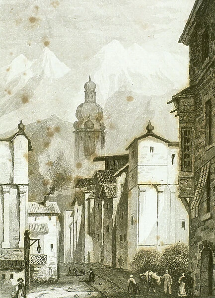 Innsbruck in 18th century, Tirol, Austria, drawing by Vormser, engraving by Lejeune, 1838 (engraving)