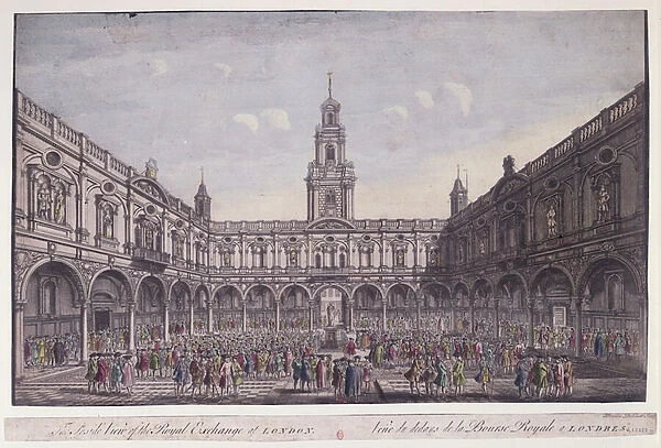The Inside View of the Royal Exchange, London (colour engraving)