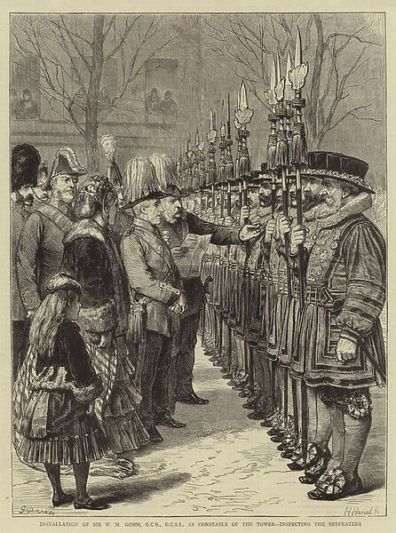 Installation of Sir W M Gomm, GCB; GCSI, as Constable of the Tower, inspecting the Beefeaters (engraving)