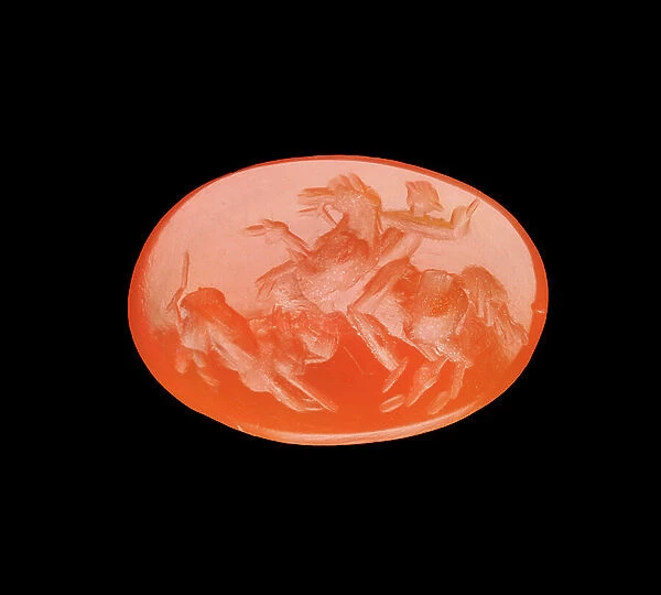Intaglio gem, hunting scene horseman attacking a lion, -200 BC (carnelian)