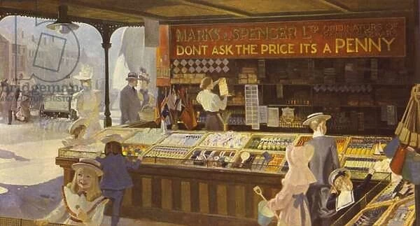 An interior of the Penny Bazaar showing the open display, 1900 (colour litho)