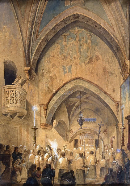 Interior of the Sacro Speco, Subiaco, Italy (w  /  c on paper)
