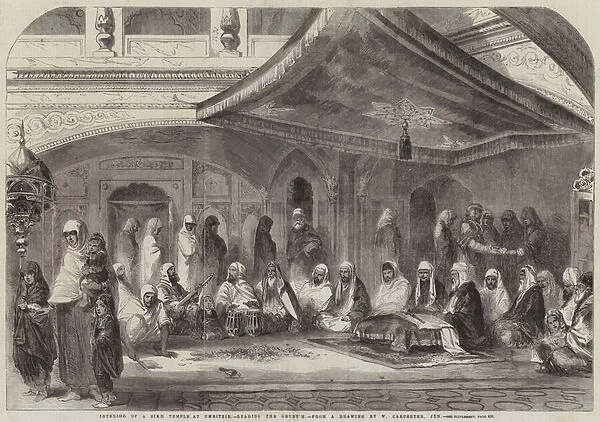 Interior of a Sikh Temple at Umritzir, reading the Grunt h (engraving)