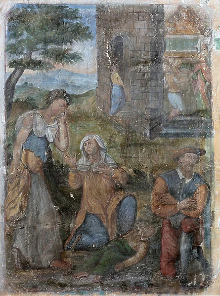 Interior, the southern chapel (chapel of St. James?), murals, 1594 (?), scene 12: a child in the street, two women and a father laments, a young girl cries (two women lament near a child lying on the ground)