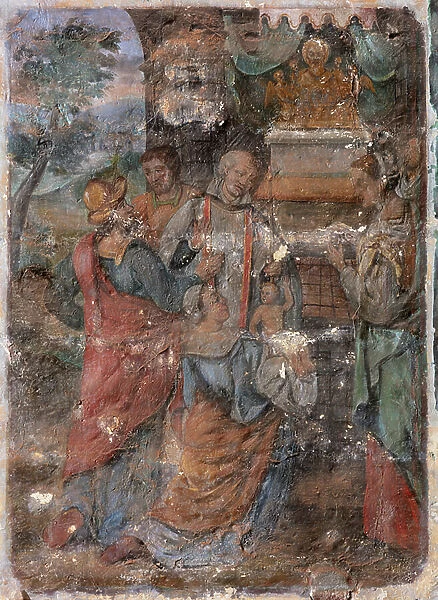 Interior, the southern chapel (chapel of St. James?), murals, 1594 (?), scene 15: in front of the altar, a priest lays hands on a newborn baby presented to him by a woman; St. James is present