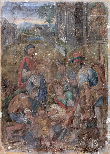 Interior, the southern chapel (chapel of St. James?), murals, 1594 (?), scene 13: another dead child in the street, a man suggests to carry it to the church (two men support a dead child)