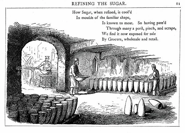 Interior of sugar refinery. Metal cones are being filled with liquid syrup which will crystallise to form sugar loaves. Wood engraving, London 1860