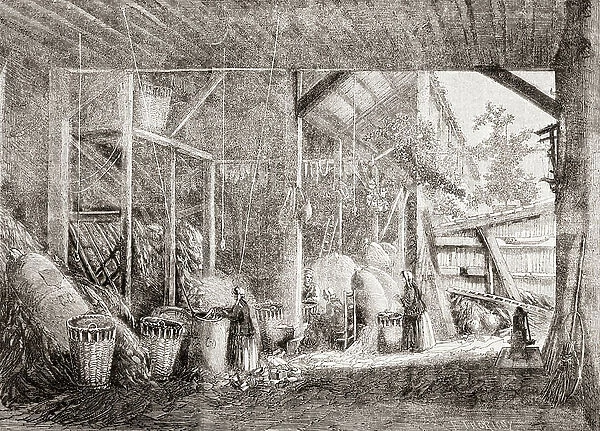 The interior of a warehouse, a French chiffonnier, where women workers are sorting materials into baskets, from L'Univers Illustre, pub. June 1863