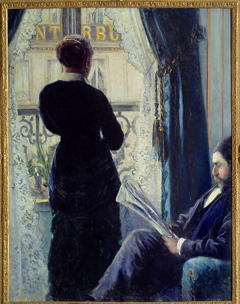 Interior, woman in the window (woman behind the window next to a man sitting reading a
