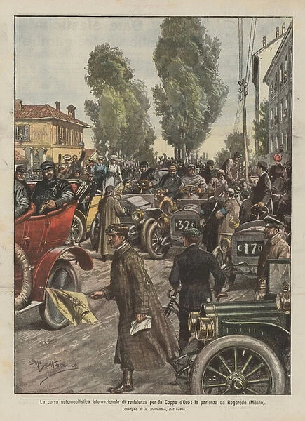 The international endurance car race for the Gold Cup, the departure from Rogoredo (Milan) (colour litho)