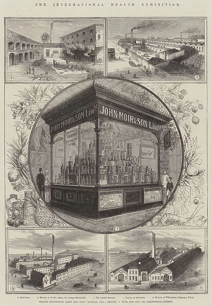 The International Health Exhibition, Tinned Provisions, Army and Navy Rations, etc, Messers J Moir and Son, 148, Leadenhall-Street (engraving)