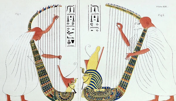 Interpretation of a fresco from the royal tomb in Thebes depicting harp players