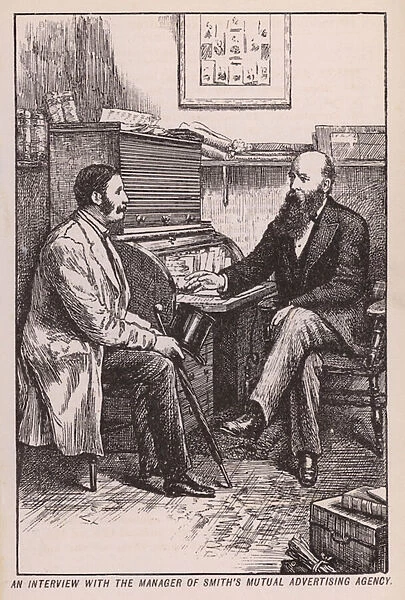 An interview with the manager of Smiths Mutual Advertising Agency (engraving)