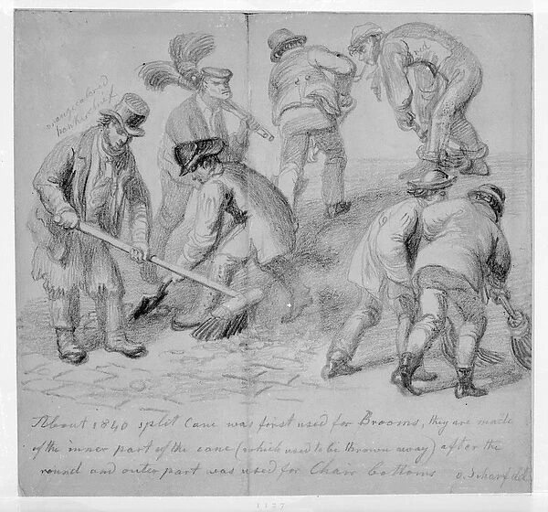The introduction of split cane brooms for London street sweepers, 1840 (pencil on paper)