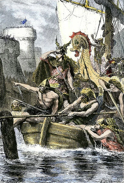 Invasion of the Barbarians: Rollon (av. 890-between 925 and 933), Viking chief at the origin of the Duche de Normandy, attacked Paris on board a drakkar on the Seine in 885. Colourful engraving of the 19th century