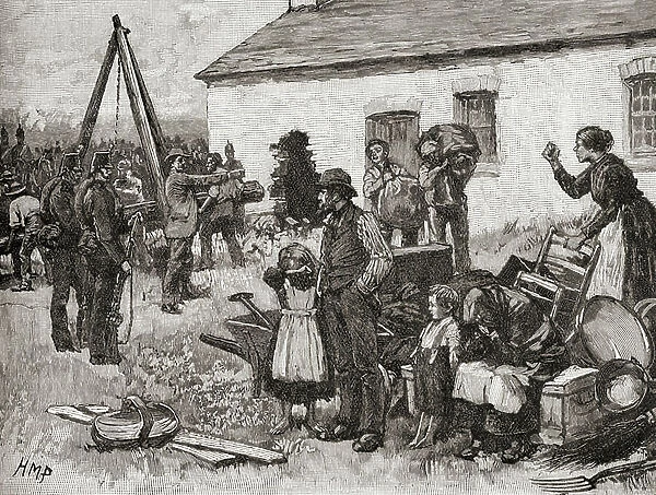 An Irish family is evicted from their home due to non payment of rent, Ireland, 1870