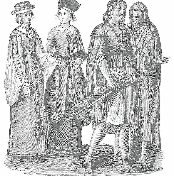 Irish men and women in the time of Elizabeth I. 16th century (drawing)