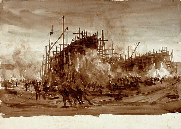 Iron ships on the stocks, c.1910 (brown wash)