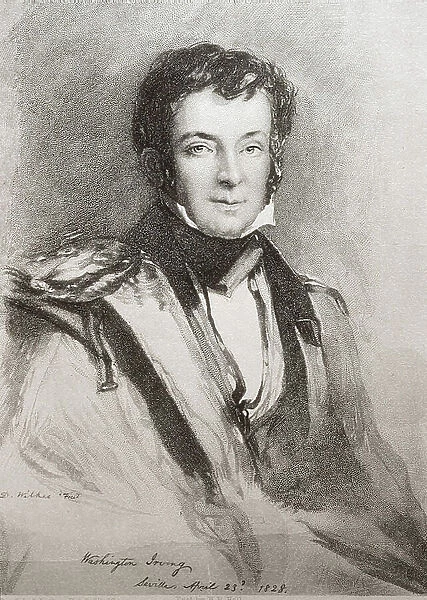 IRVING, Washington (1783-1859). US novelist and historian. Portrait made in Sevilla (1828). Litography