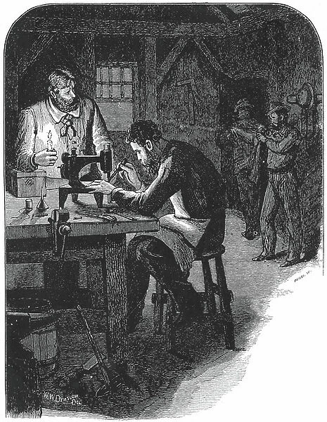 Isaac Merrit Singer (1811-1875), American inventor, while his friend George Zieber holds the candle, adjusting tension on his sewing machine in a last desperate attempt to make it work (August / September 1850). Machine patented 1851