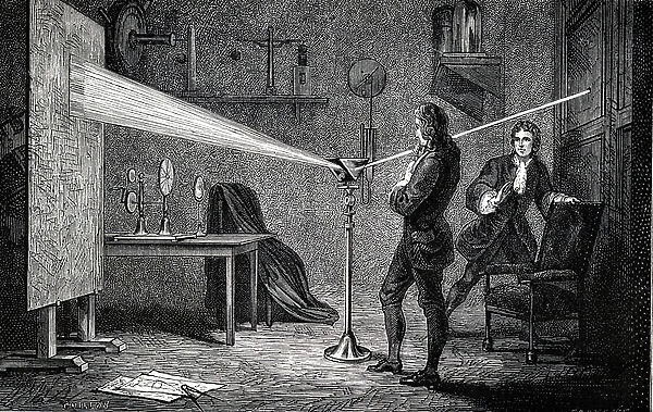 Isaac Newton (1642-1727) English scientist and mathematician, using a prism to break white light into spectrum. With Cambridge room mate John Wickins. Engraving of 1874